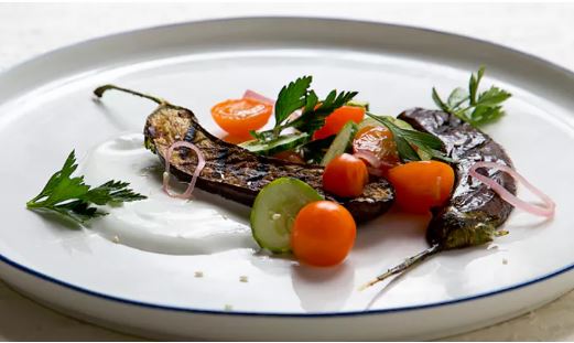 Grilled Spiced Eggplant with Yogurt and Tomato-Cucumber Salad - O‘ahu Fresh